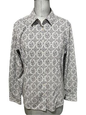 Talbots Women's Long Sleeve Button-Up Shirt in Black & White Medallion Size 14